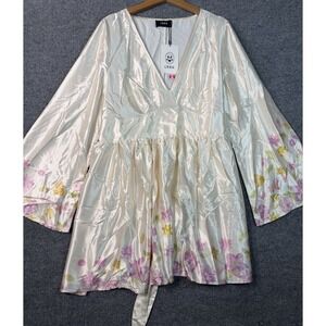 Cider Champagne Floral Satin Dress 1XL V Neck Bell Sleeve Tie waist NWT